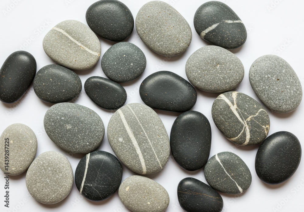 Poster collection of smooth gray and black stones arranged on a white surface in a random pattern view from