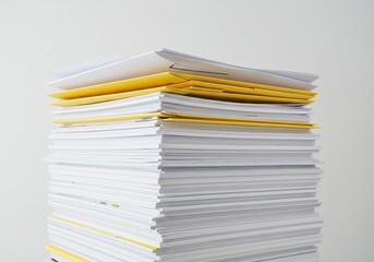 Stack of white papers with yellow dividers against a plain background in a close up shot