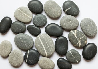 Collection of smooth gray and black stones arranged on a white surface in a random pattern view from above