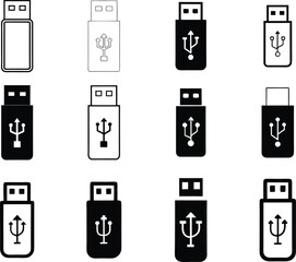 USB Icon Set – Flash Drive Symbol PNG & Vector Illustration on Transparent Background
