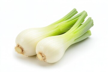 Fresh green onions with vibrant stalks and bulbs, isolated on a white background