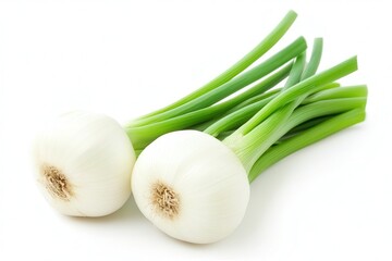 Fresh green onions with white bulbs on a clean background, ideal for culinary use