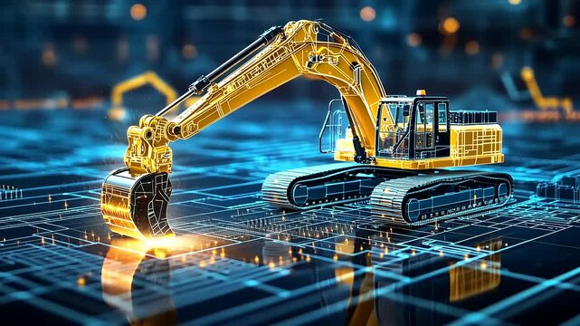 Yellow Excavator on a Blue Digital Circuit Board Background