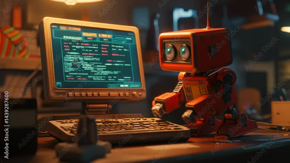 Poster retro robot interacts with vintage computer in cozy workshop filled with tools and gadgets