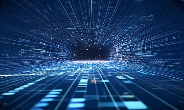 Digital technology background with blue light rays and binary code on a dark, abstract digital space, an AI or data center concept