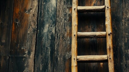 Wooden ladder leaning against a rustic wooden plank wall