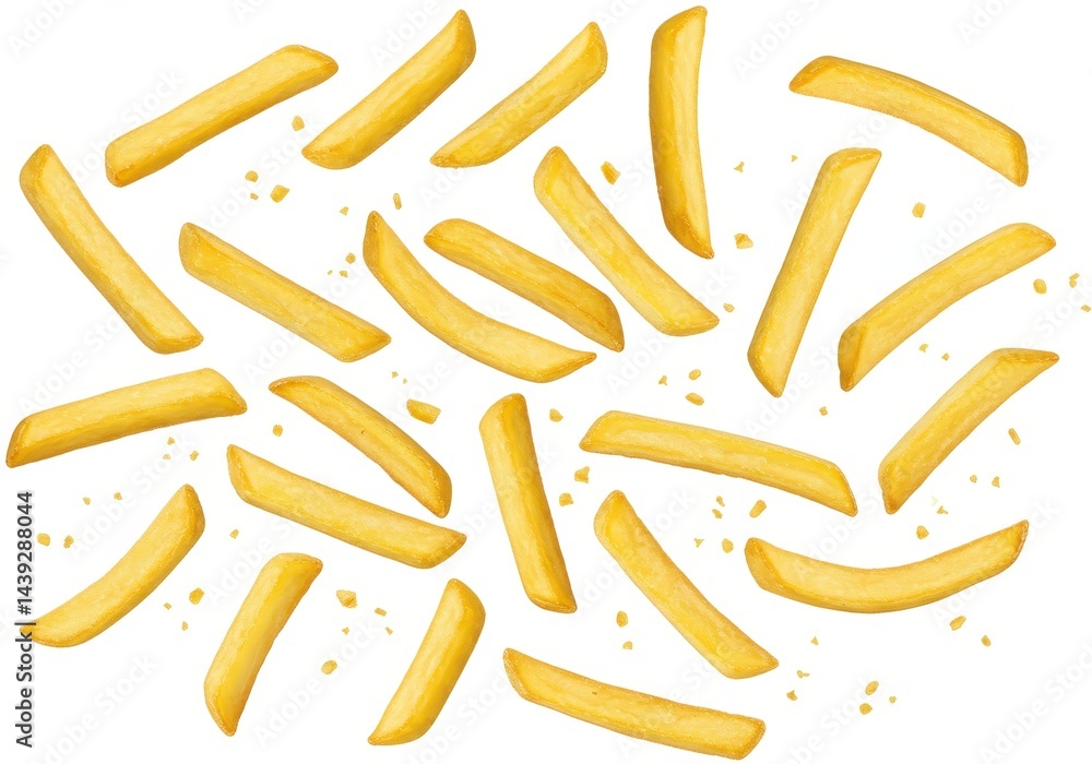 Poster scattered french fries on a white background creating a simple and clean food presentation style ima