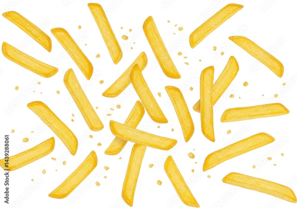 Poster scattered french fries on a white background creating a simple and clean food presentation style ima