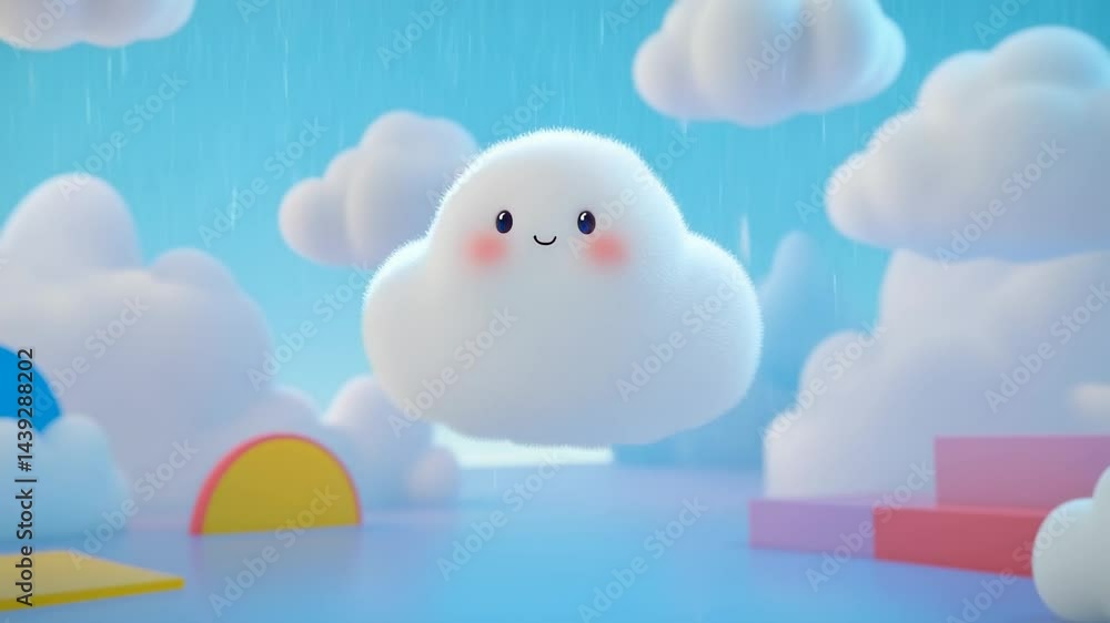 Poster delightful animated cloud character in colorful play area with pastel background offering cheerful v