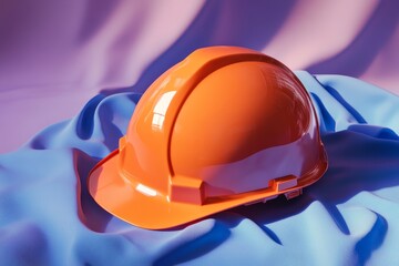Bright orange safety helmet resting on blue fabric.