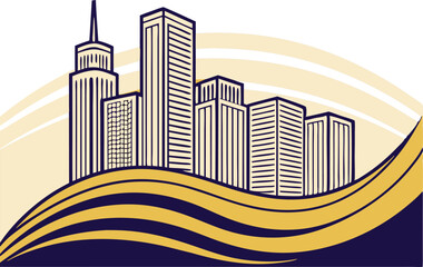 Modern cityscape with tall skyscrapers and abstract waves logo in vector graphic style