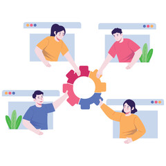 Team Work Illustration. Vector illustration of Four people collaborate remotely, connecting puzzle pieces through digital windows. Isolated on background