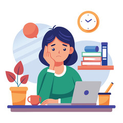 Bored woman sitting at desk. Tired sad office worker. Procrastination, burnout and boredom concept. Depressed upset exhausted lazy student. Flat vector illustration isolated on white background
