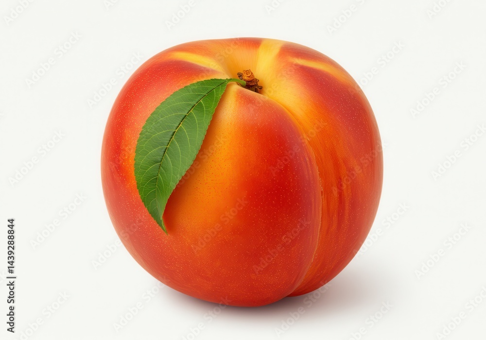 Poster a single peach with a green leaf attached sitting on a white surface in a studio setting view