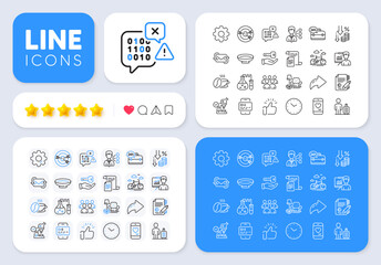 Documents, Presentation and Deflation line icons for web app. Message, Share, Like social media icons. Pack of Baggage, Dish, 24h service pictogram icons. Card, Group, Time signs. Vector