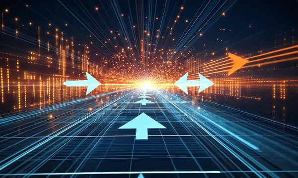 Digital technology background with blue light rays and binary code on a dark, abstract digital space, an AI or data center concept