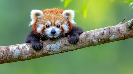 Red Animal Resting on a Tree Branch with Green Background