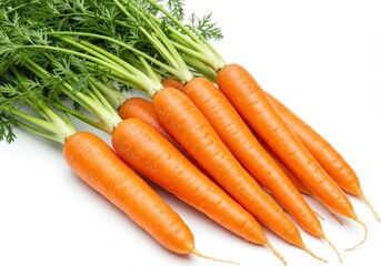 A close up of several carrots with green tops lying on a white surface in a horizontal arrangement