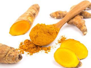 turmeric powder and fresh turmeric on white background, Herbs are native to Southeast Asia.