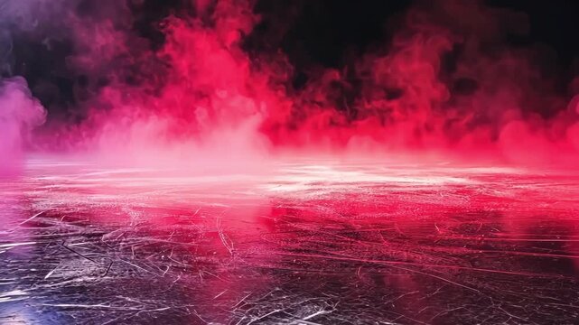 Red ice rink glowing in red spotlight with swirling fog, showcasing skate marks. A surreal scene ideal for theatrical skating or intense winter events.