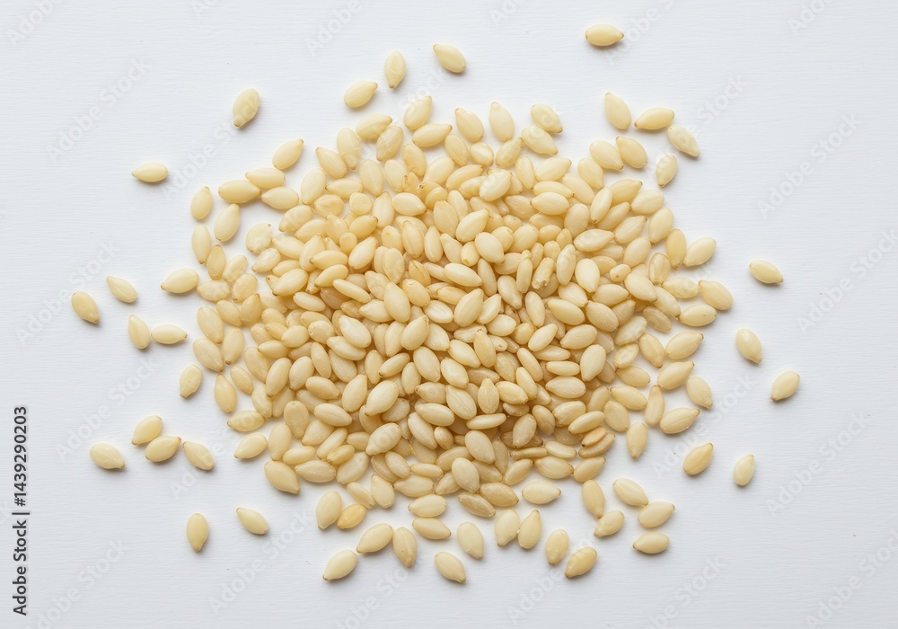 Poster a close up shot showing a pile of sesame seeds on a white surface in a studio setting with soft ligh