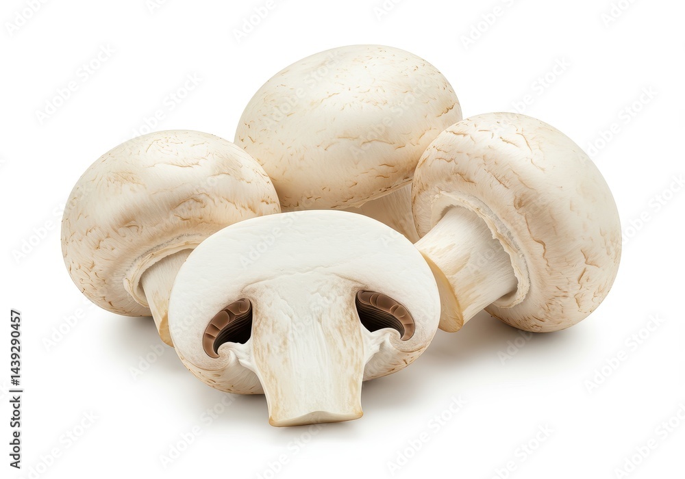 Poster a close up shot of several white button mushrooms with one cut in half on a white background plain v