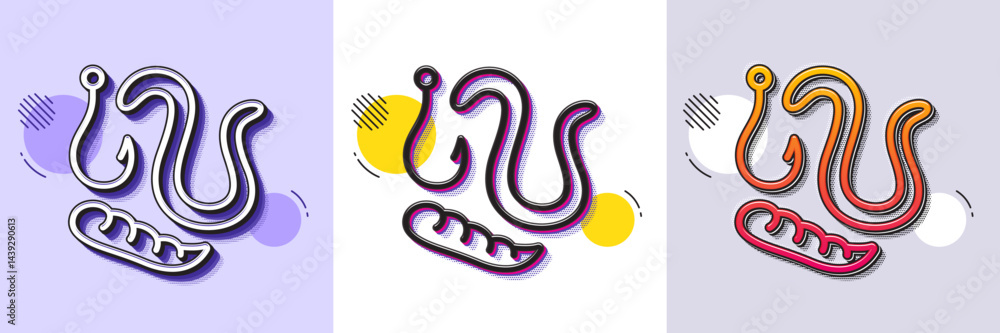 Poster maggots lure line icon. halftone dotted pattern. gradient icon with grain shadow. fishing hook with 