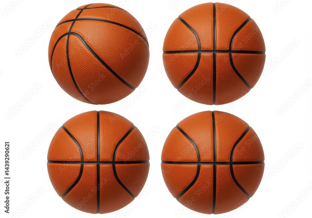 Poster four basketballs arranged in a square pattern on a white background in a studio setting view from ab