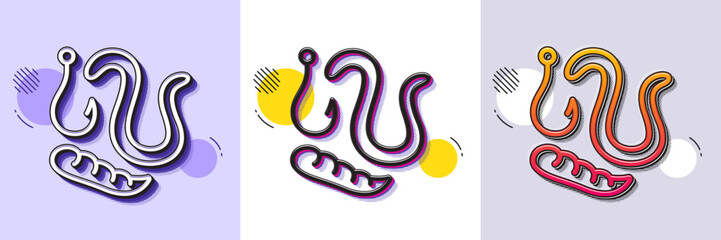 Fototapeta premium Maggots lure line icon. Halftone dotted pattern. Gradient icon with grain shadow. Fishing hook with worms sign. Fishhook bait symbol. Line worms icon. Various designs. Vector