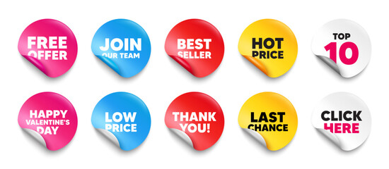 Free offer sticker tag. Top 10, Best seller, Hot price banners. Free offer tag. Special offer sign. Sale promotion symbol. Join our team sticker. Vector