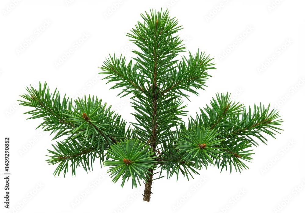 Poster isolated close up of a vibrant green fir tree branch with needles on a stark white background view