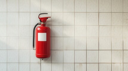 Obraz premium Red fire extinguisher hanging on a tiled wall with a blank white label. Safety concept, to ensure protection in case of fire emergency.