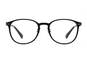 Fototapeta premium A pair of black framed glasses with clear lenses centered on a white isolated background studio shot