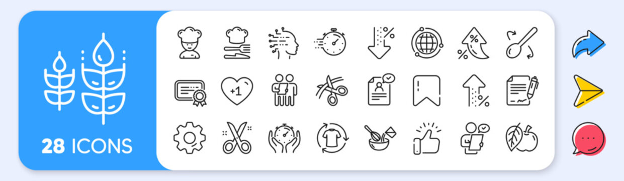 Chef hat, Customer survey, Fast delivery line icons. Interest rate, AI generate, Inflation icons. Approved application, Scissors cutting ribbon, Artificial intelligence icons. Vector