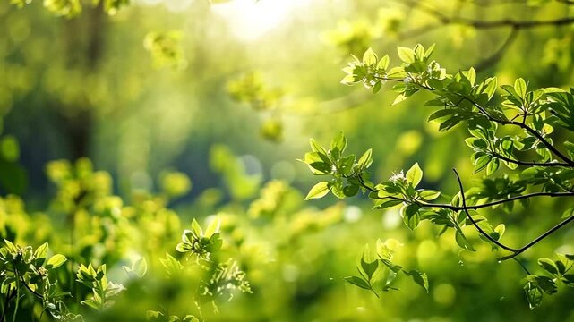 Lush spring foliage with delicate leaves and blossoms, glowing in golden sunlight with a dreamy bokeh.Vibrant nature scene perfect for outdoor, seasonal, or serene landscape themes in a fresh setting