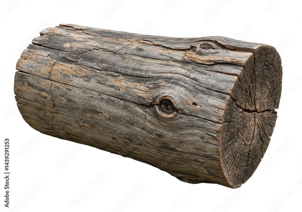 Poster a weathered log section showing the tree rings and bark isolated on a white background surface view