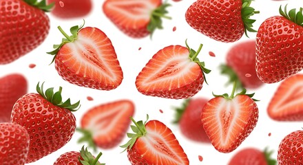 Strawberry Pattern Background with Fresh Whole and Cut Strawberries