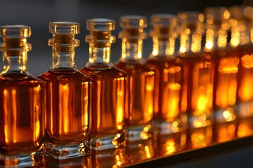 Amber liquor bottles in golden light
