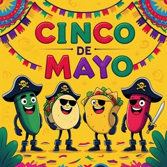 Obraz premium Cinco de Mayo Fiesta with Pirate Food Characters