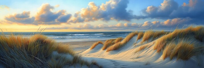 Ocean view sunset image, dunes.