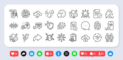 Lightning bolt, Accounting and Sound wave line icons pack. Social media: share, comment, like icons. Idea, Squad, World vaccination web icon. Vector