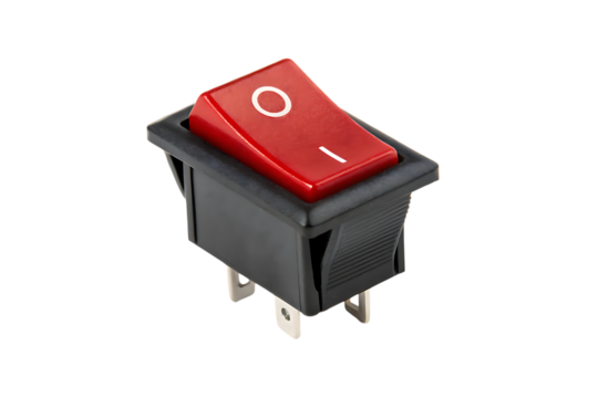 Red rocker switch power button, on off toggle on transparent background