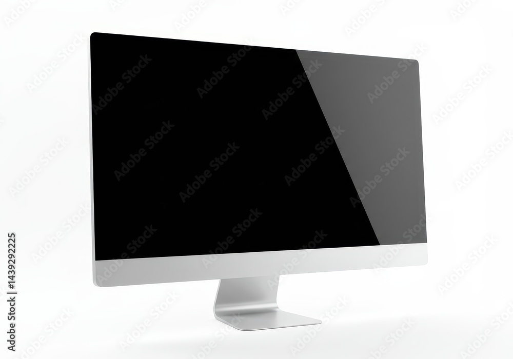 Poster a silver imac computer with a black screen displayed on a white background in a studio setting
