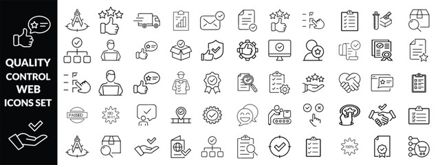 Quality control set of web icons in line style. quality check computing icons for web and mobile app. containing inspection, evaluation, production, quality assurance, certificate, testing and more