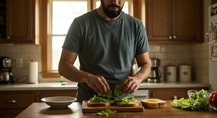 Man Making Sandwiches at Kitchen Counter with Fresh Greens