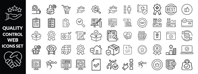 Quality control set of web icons in line style. quality check computing icons for web and mobile app. containing inspection, evaluation, production, quality assurance, certificate, testing and more