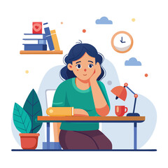 Bored woman sitting at desk. Tired sad office worker. Procrastination, burnout and boredom concept. Depressed upset exhausted lazy student. Flat vector illustration isolated on white background