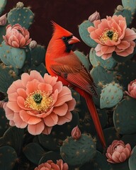 Vintage illustration: red bird, cactus.