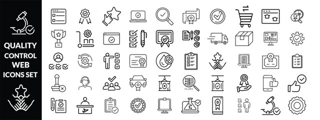 Quality control set of web icons in line style. quality check computing icons for web and mobile app. containing inspection, evaluation, production, quality assurance, certificate, testing and more