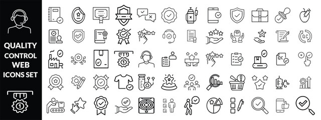 Quality control set of web icons in line style. quality check computing icons for web and mobile app. containing inspection, evaluation, production, quality assurance, certificate, testing and more